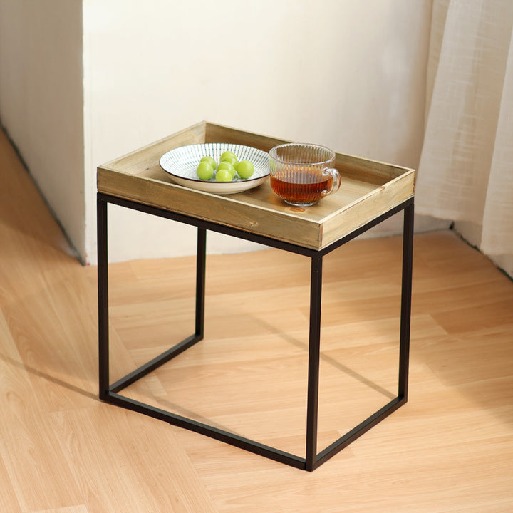 Modern side table with protected wooden tray