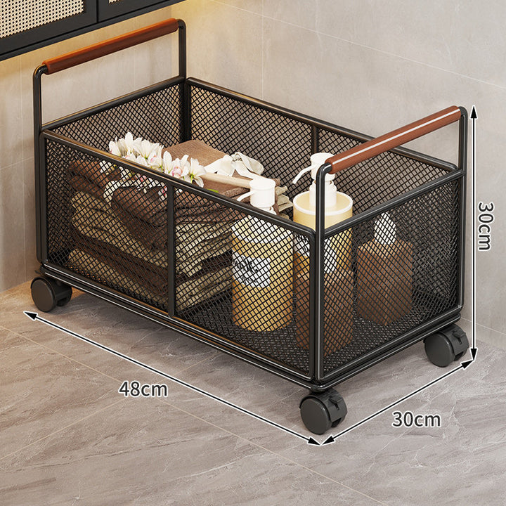 Rectangular Metal Mesh Countertop Storage Basket with Wooden Carry Handles