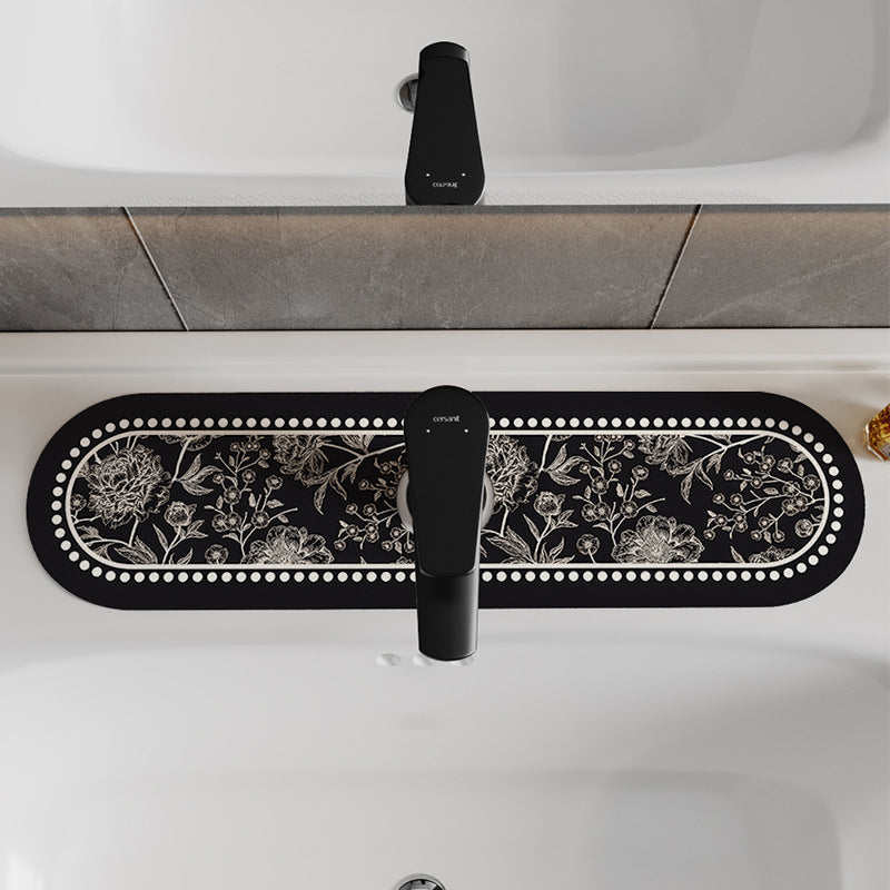 Decorative Oval Silicone Faucet Splash Guard Mat with Floral Engraved Print and Non-Slip Backing