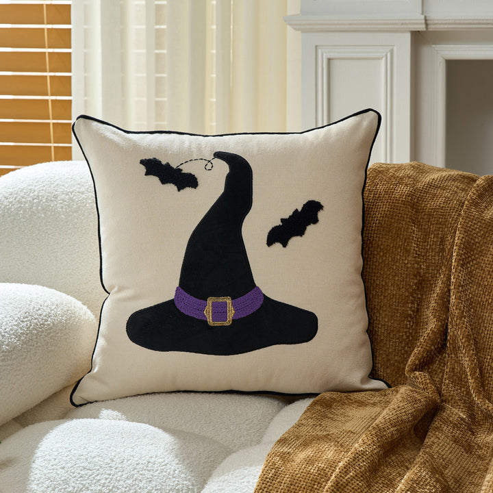 Tufted Ghost Appliqué Cotton-Linen Square Decorative Throw Pillow Cover