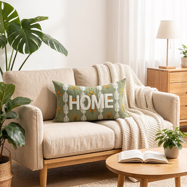 Embroidered Textured Lumbar Throw Pillow with HOME Lettering and Leaf Motif