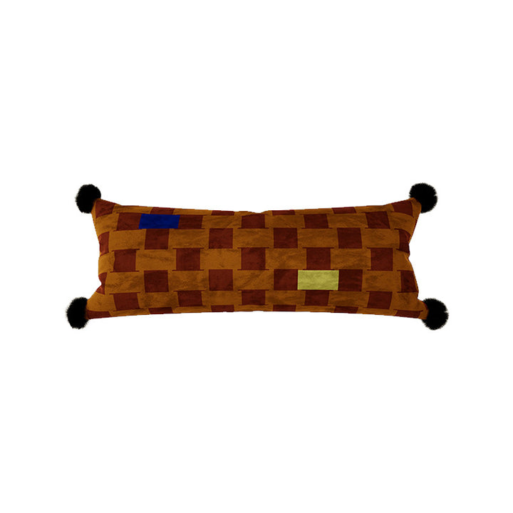 Decorative Long Lumbar Velvet Pillow with Checkerboard Jacquard, Pom-Pom Corners and Patchwork Accents