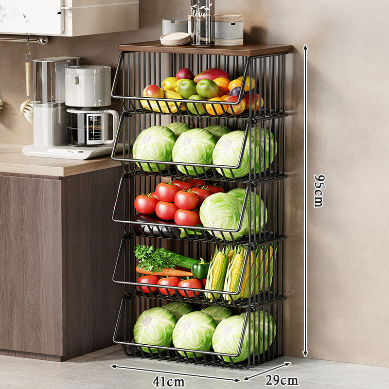 Multi-Tier Rolling Kitchen Pantry Cart with Wood Top and Deep Wire Storage Baskets