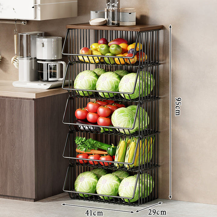 Multi-Tier Rolling Kitchen Pantry Cart with Wood Top and Deep Wire Storage Baskets