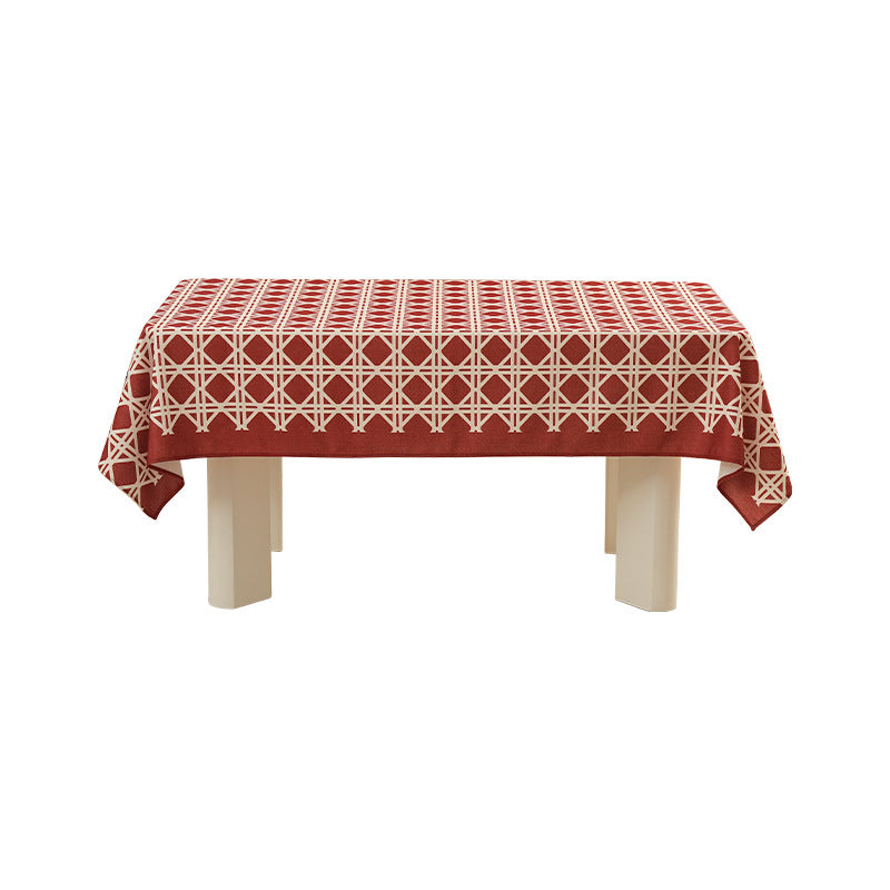Rectangular festive tablecloth made of cotton blend fabric with geometric grid relief and stain-resistant surface