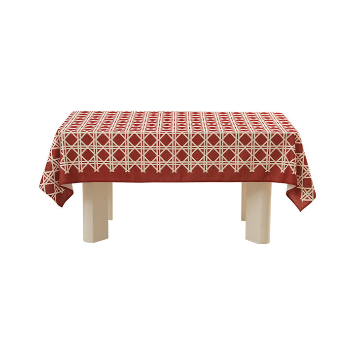 Rectangular festive tablecloth made of cotton blend fabric with geometric grid relief and stain-resistant surface