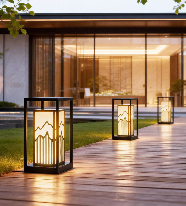 Japanese inspired solar garden floor lantern with wooden frame