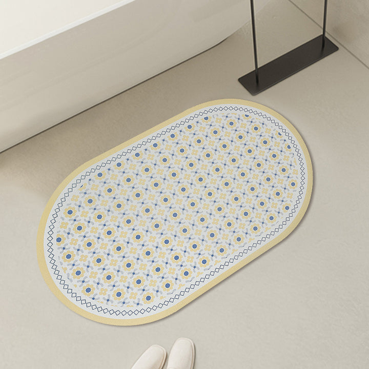Oval non-slip vinyl mat with fine mosaic print and water-repellent surface