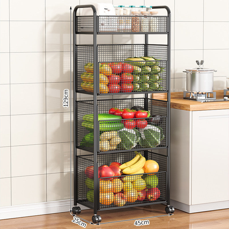 Rolling kitchen storage organizer with adjustable mesh basket