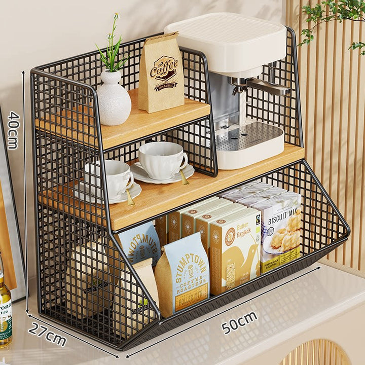 Kitchen Countertop Multi-Tier Wire Mesh Storage Organizer with Wooden Display Shelves