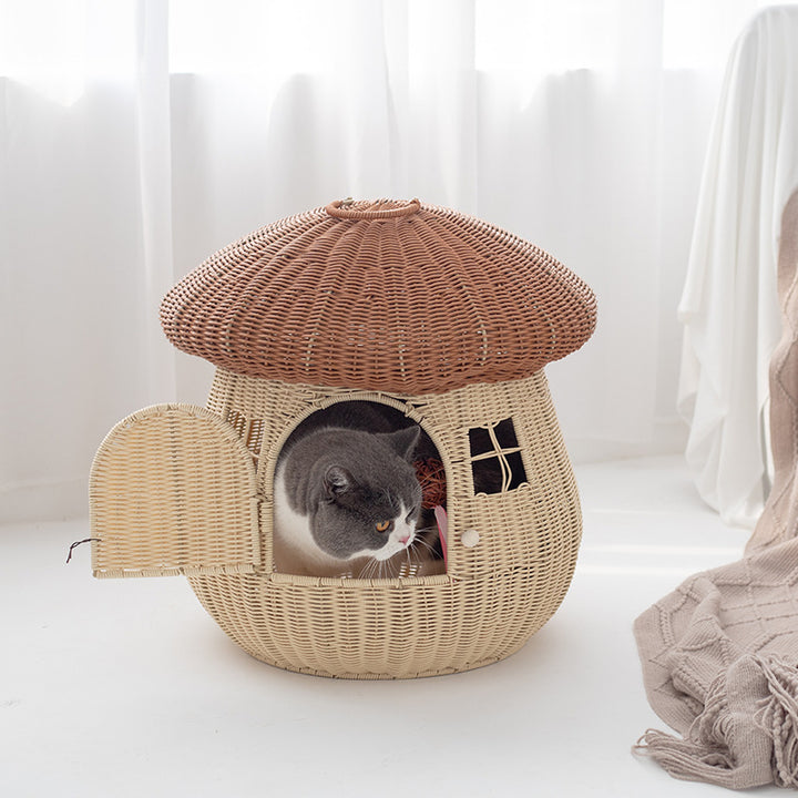 Playful cat basket in mushroom design
