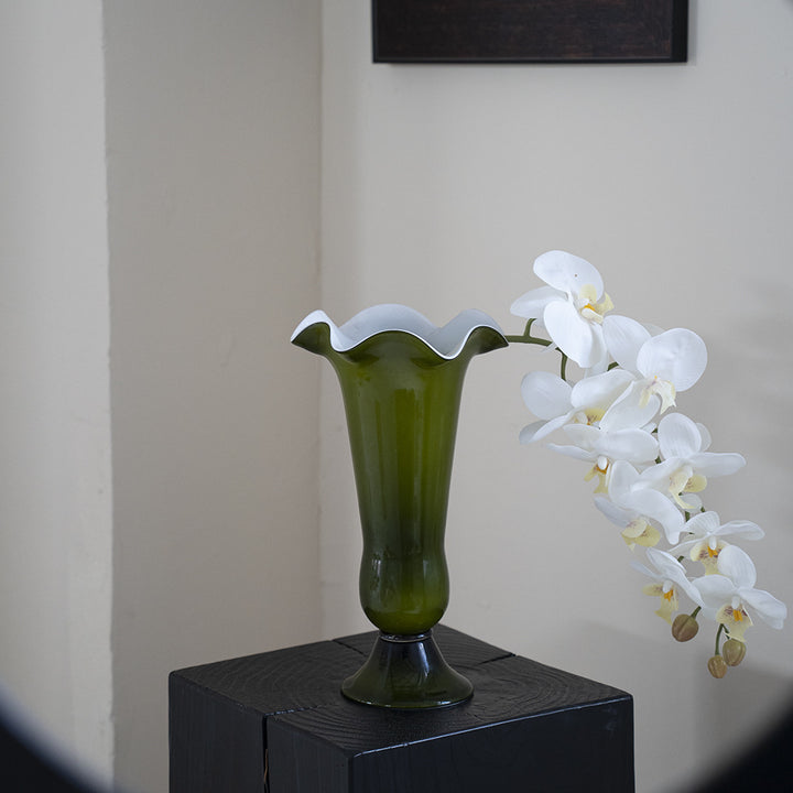 Tall Ruffled-Lip Pedestal Glass Flower Vase
