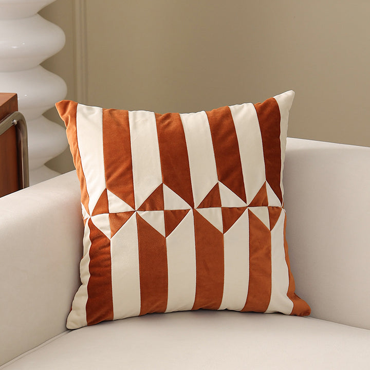 Square decorative cushion with striped velvet inlay and geometric pleated look
