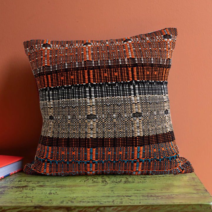 Square woven decorative pillow cover with textured block stripe weaving and concealed zipper