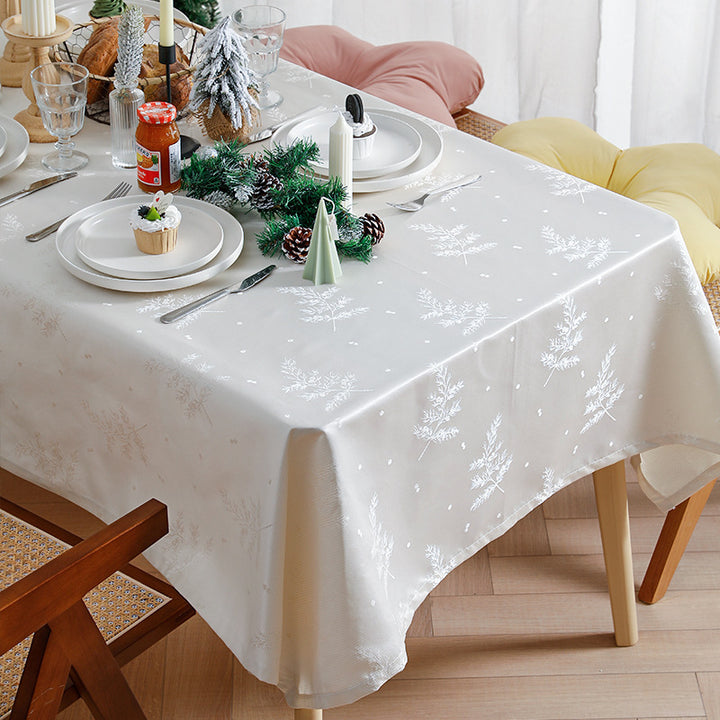 Rectangular premium table linen made of jacquard polyester with subtle frost floral embossing