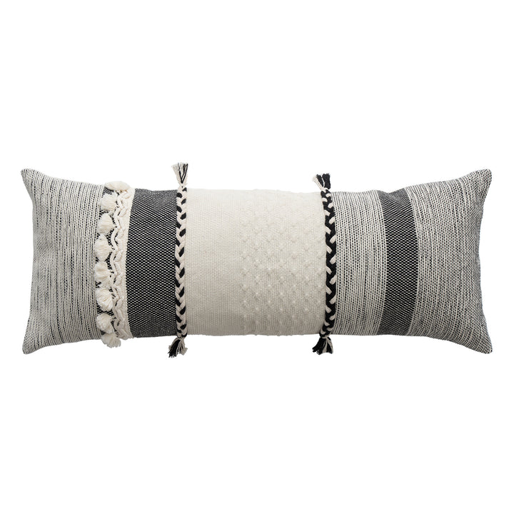 Rectangular Boho Lumbar Pillow with Braided Ties and Tassels