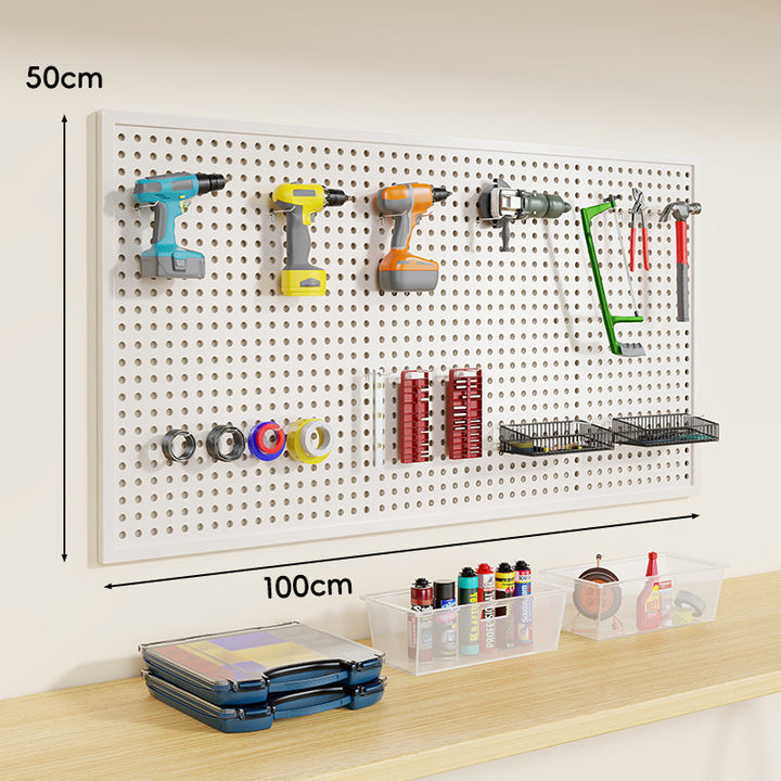 Wall-Mounted Perforated Metal Tool Pegboard Organizer Panel with Modular Hooks and Wire Baskets