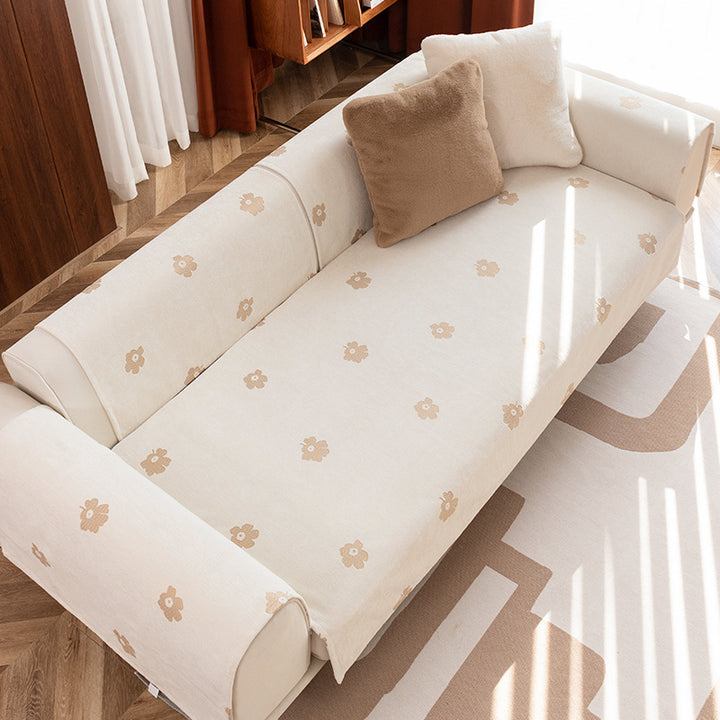 Three-seater sofa with geometric jacquard cover and sleek metal legs
