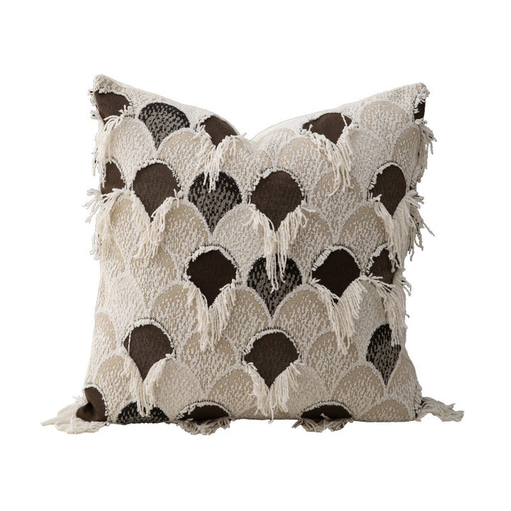 Woven square decorative cushion with fringe application and geometric pattern