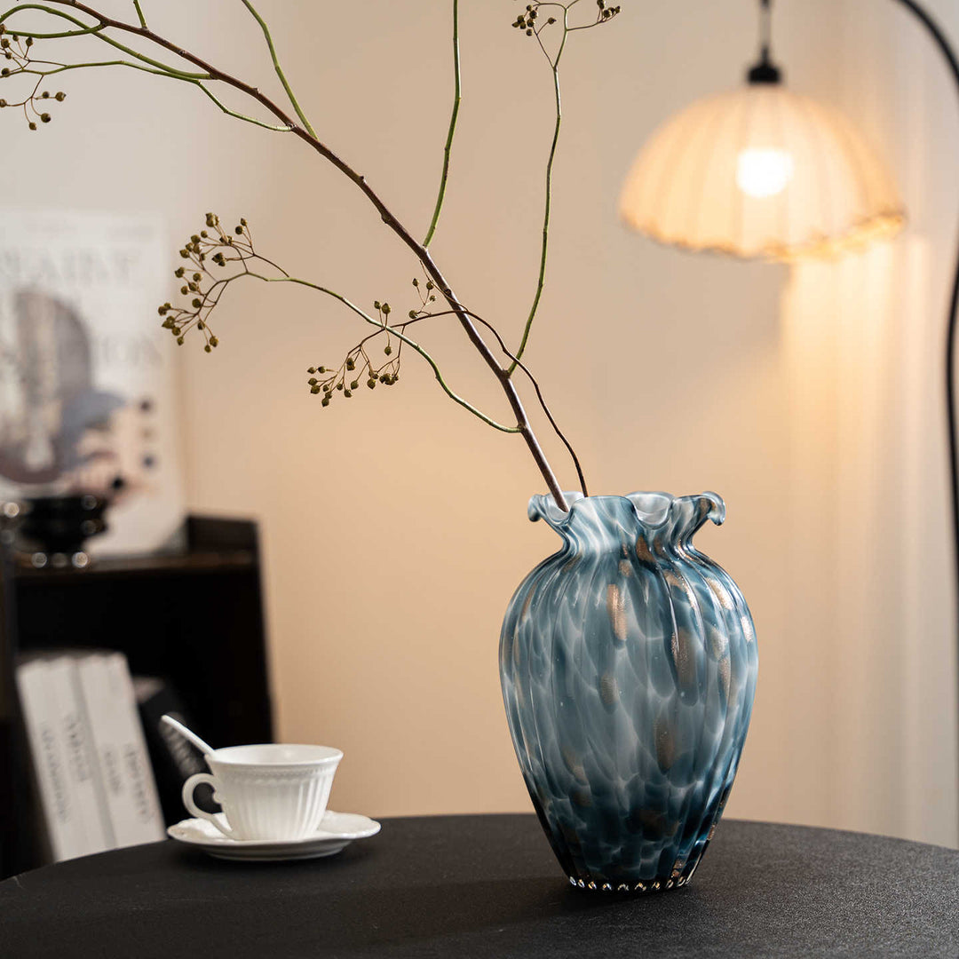 Hand-Blown Textured Swirl Bud Vase with Ruffled Flared Neck