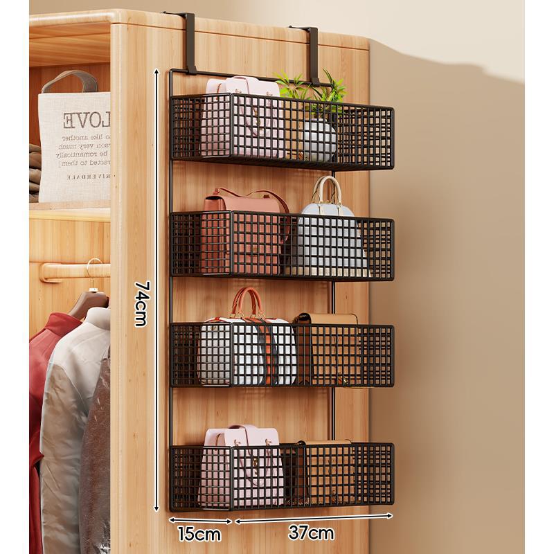 Over-the-Door Metal Grid Hanging Organizer with Four Stackable Baskets and Hooks