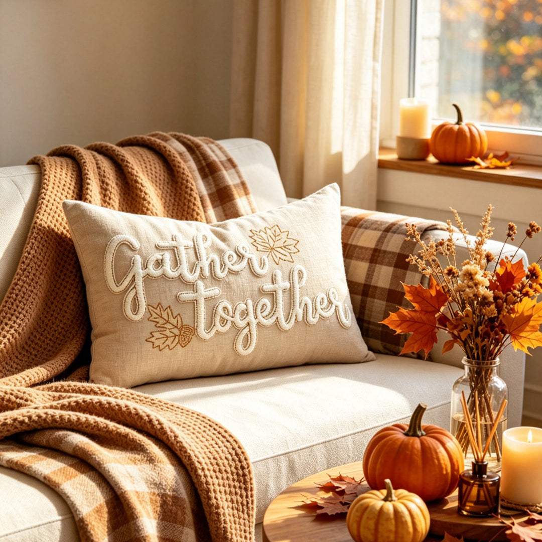 Embroidered Autumn Maple Lumbar Pillow Cover with Textured Chenille Leaf Appliqué