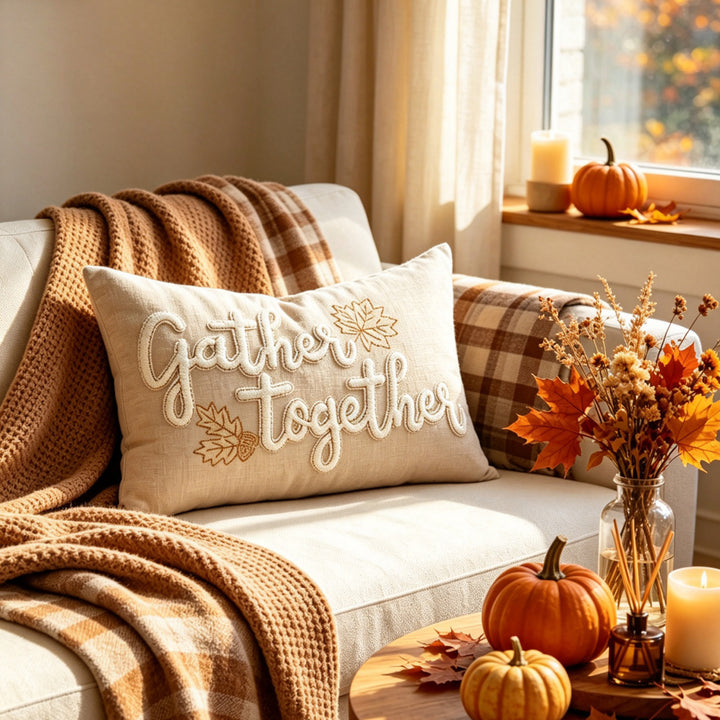 Embroidered Autumn Maple Lumbar Pillow Cover with Textured Chenille Leaf Appliqué