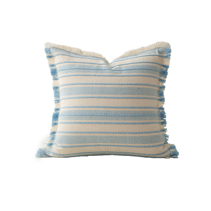Square striped linen decorative cushion with fringed edge and textured weave