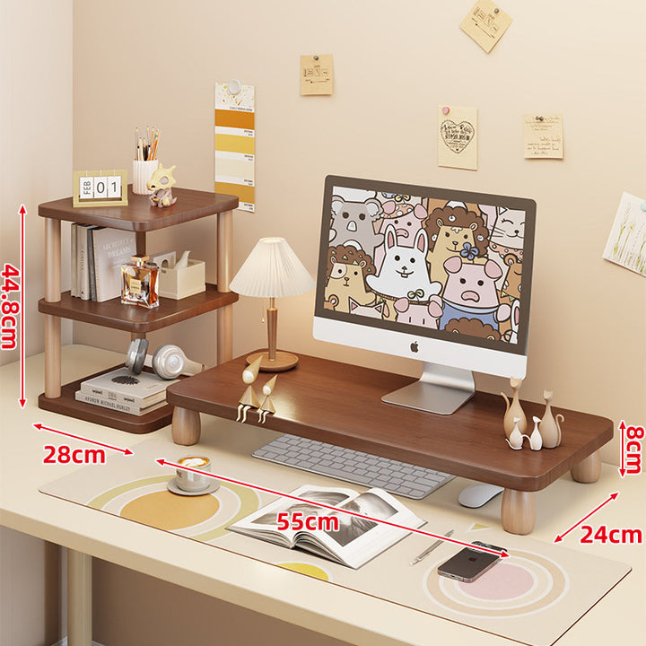 Low-Profile Ergonomic Wooden Desktop Monitor Lift with Under-Shelf Keyboard Storage