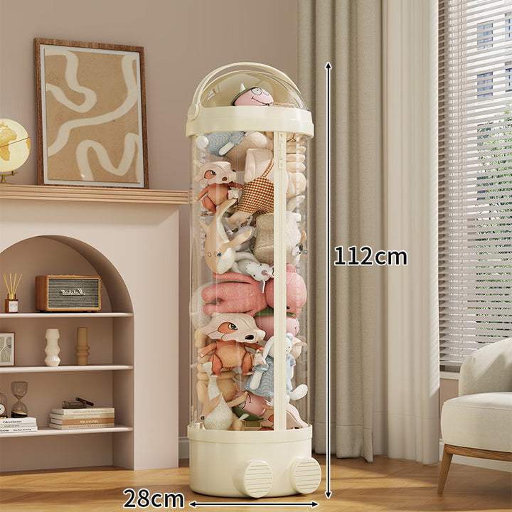 Tall Cylindrical Toy and Plush Storage Organizer with Clear Zip Cover and Rolling Vent Base