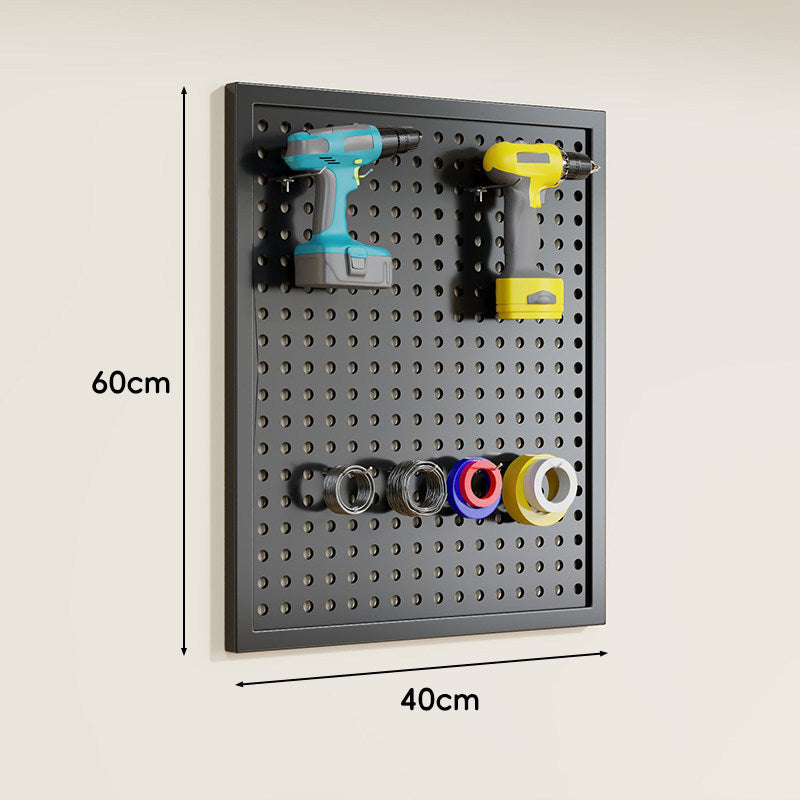 Heavy-Duty Wall-Mounted Perforated Steel Pegboard Tool Organizer with Modular Hooks and Shelf