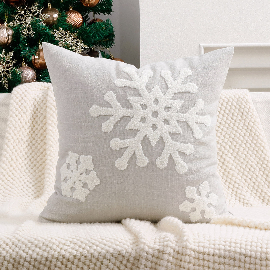 Textured Chenille Snowflake Appliqué Square Throw Pillow Cover