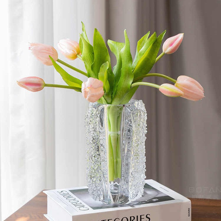 Contemporary Clear Art Glass Column Bud Vase with Crystalline Side Texture