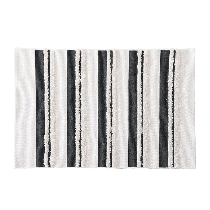 Cotton bath mat with textured stripes and fringes