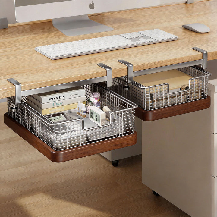 Clamp-On Under-Desk Slide-Out Metal Mesh Storage Drawer Organizer