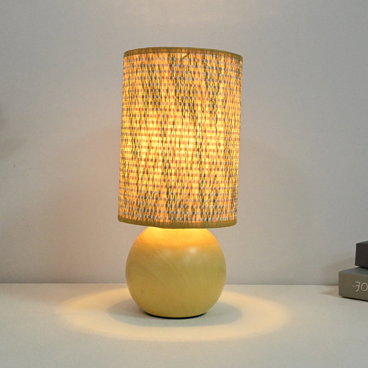 Beef Wood Base Woven Rattan Umbrella Table Lamp