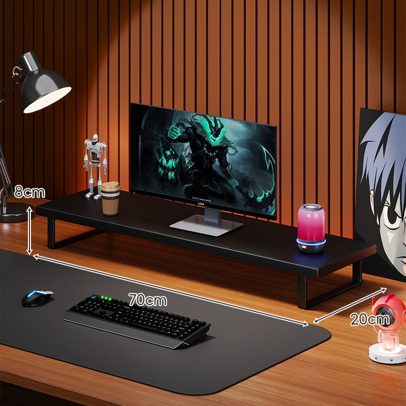 Elevated Wooden Monitor Riser Stand with Metal Bracket Legs and Cable-Friendly Desktop Shelf