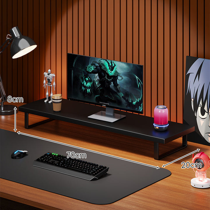 Elevated Wooden Monitor Riser Stand with Metal Bracket Legs and Cable-Friendly Desktop Shelf