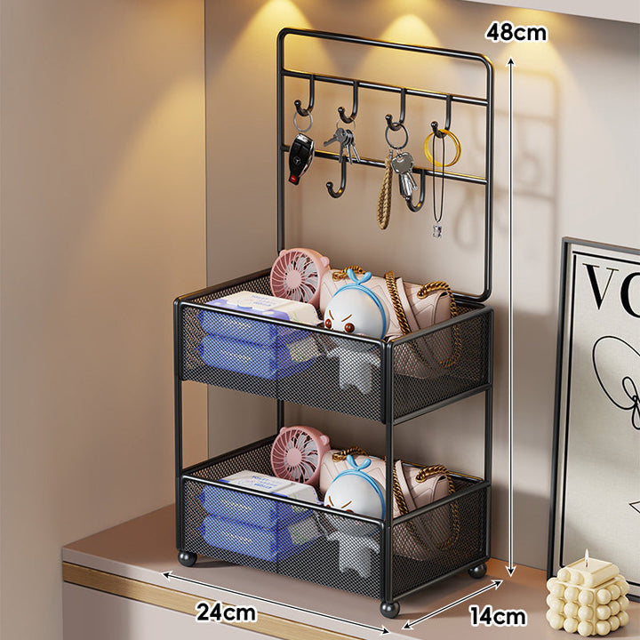 Mesh Two-Tier Entryway Organizer with Key Hooks and Deep Mesh Baskets