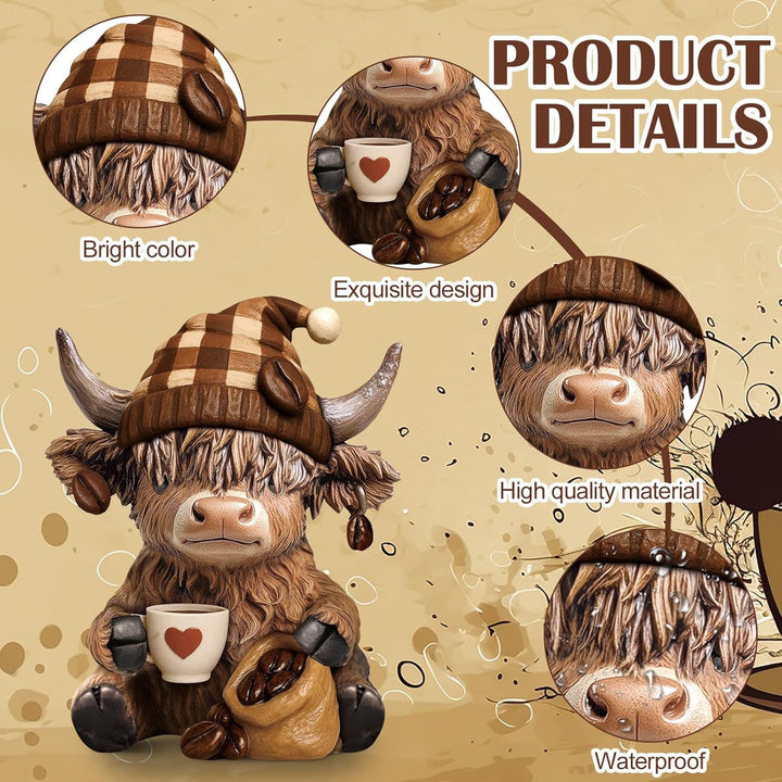 Decorative figure of a Highland cow with accessories