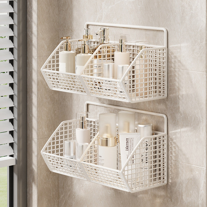 Wall-Mounted Dual-Tier Grid Mesh Bathroom Shower Caddy with Drainable Baskets