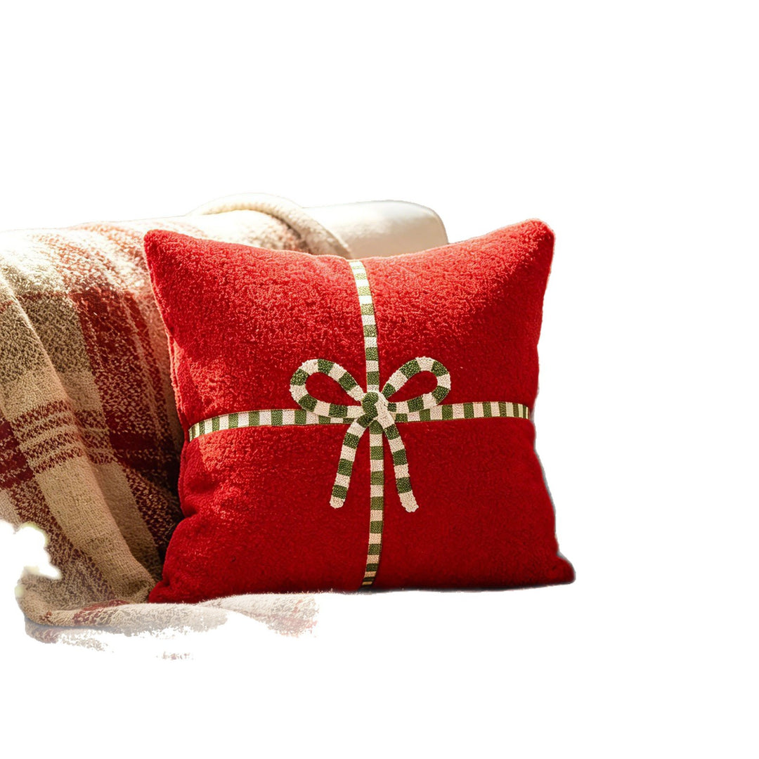 Decorative Sherpa Throw Pillow with Embroidered Ribbon Bow Accent