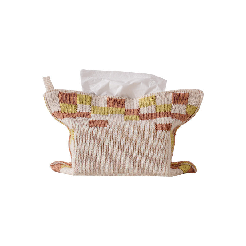 Knitted tissue box cover with geometric jacquard pattern and zipper
