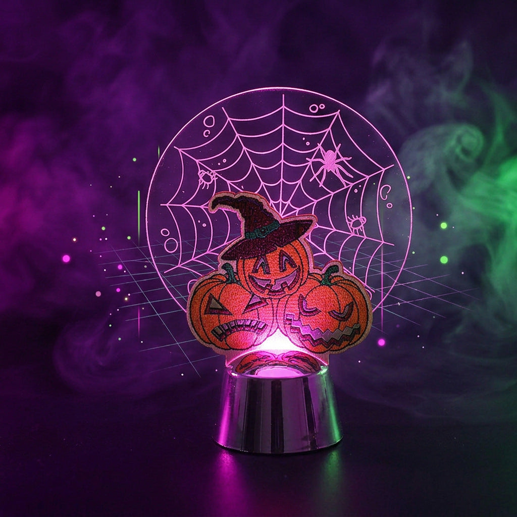 Halloween Acrylic LED Night Light with Pumpkin Trio and Spider Web Etched Panel