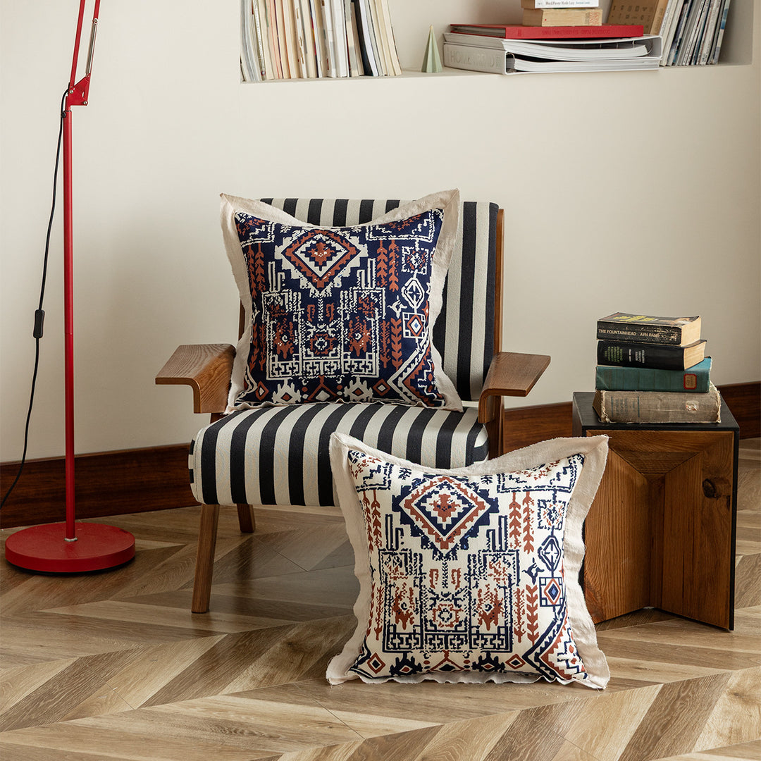 Decorative linen cushion cover with ethnic pattern