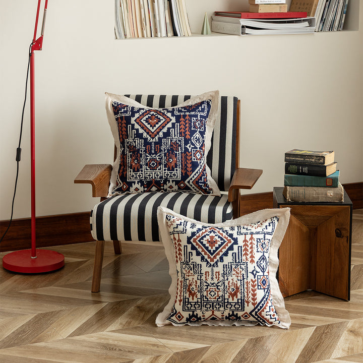 Decorative linen cushion cover with ethnic pattern