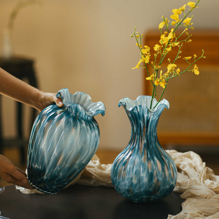 Hand-Blown Textured Swirl Bud Vase with Ruffled Flared Neck