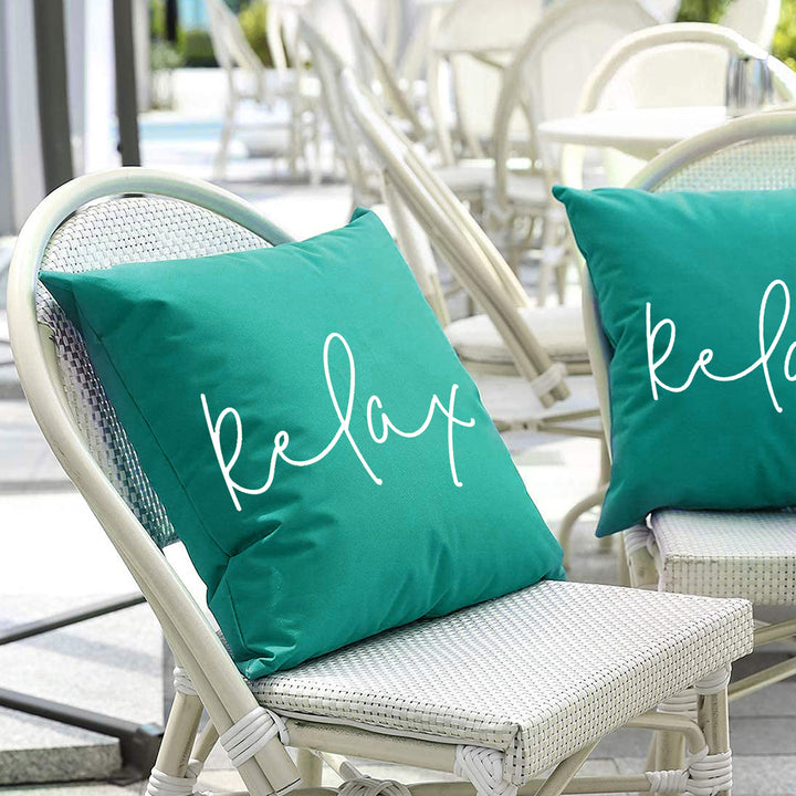 Square Script 'Relax' Outdoor-Ready Throw Pillow Cover with Hidden Zipper