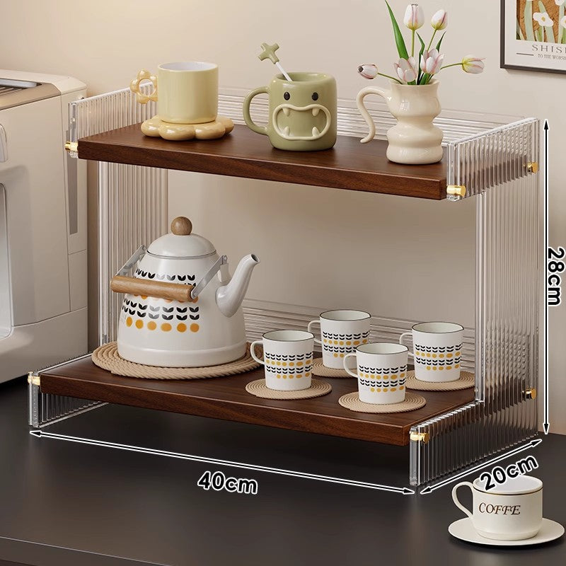 Multi-Tier Mesh Metal and Bamboo Countertop Pantry Organizer Shelf