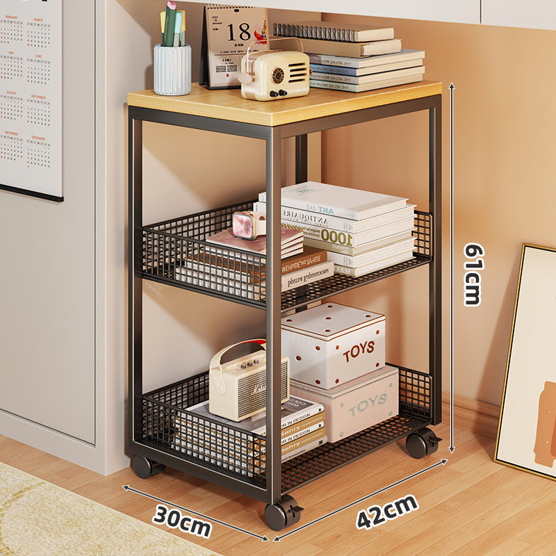 Two-Tier Rolling Mesh Storage Cart with Wood Top and Locking Casters